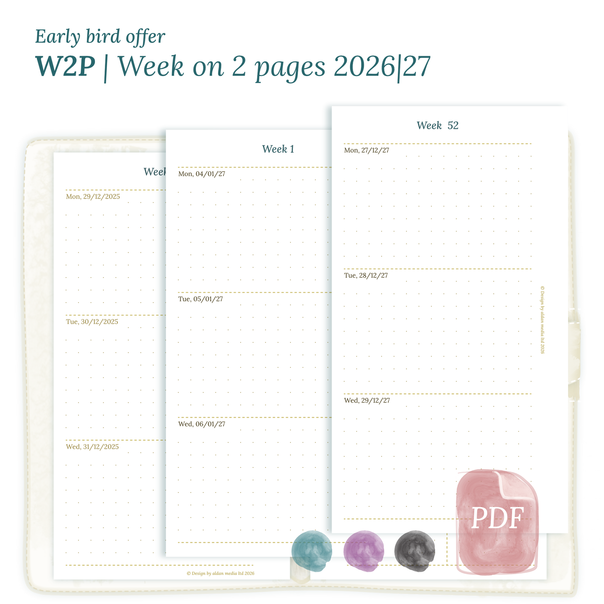 Calendar printable PDF W2P week on 2 pages module for 2026 and 2027 for Personal size 6 ring binder planner.