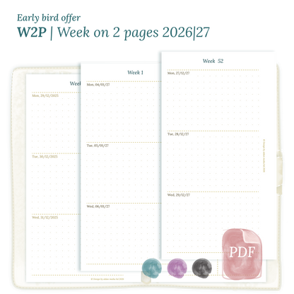 Calendar printable PDF W2P week on 2 pages module for 2026 and 2027 for Personal size 6 ring binder planner.
