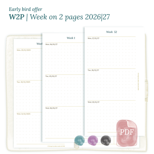 Calendar printable PDF W2P week on 2 pages module for 2026 and 2027 for Personal size 6 ring binder planner.