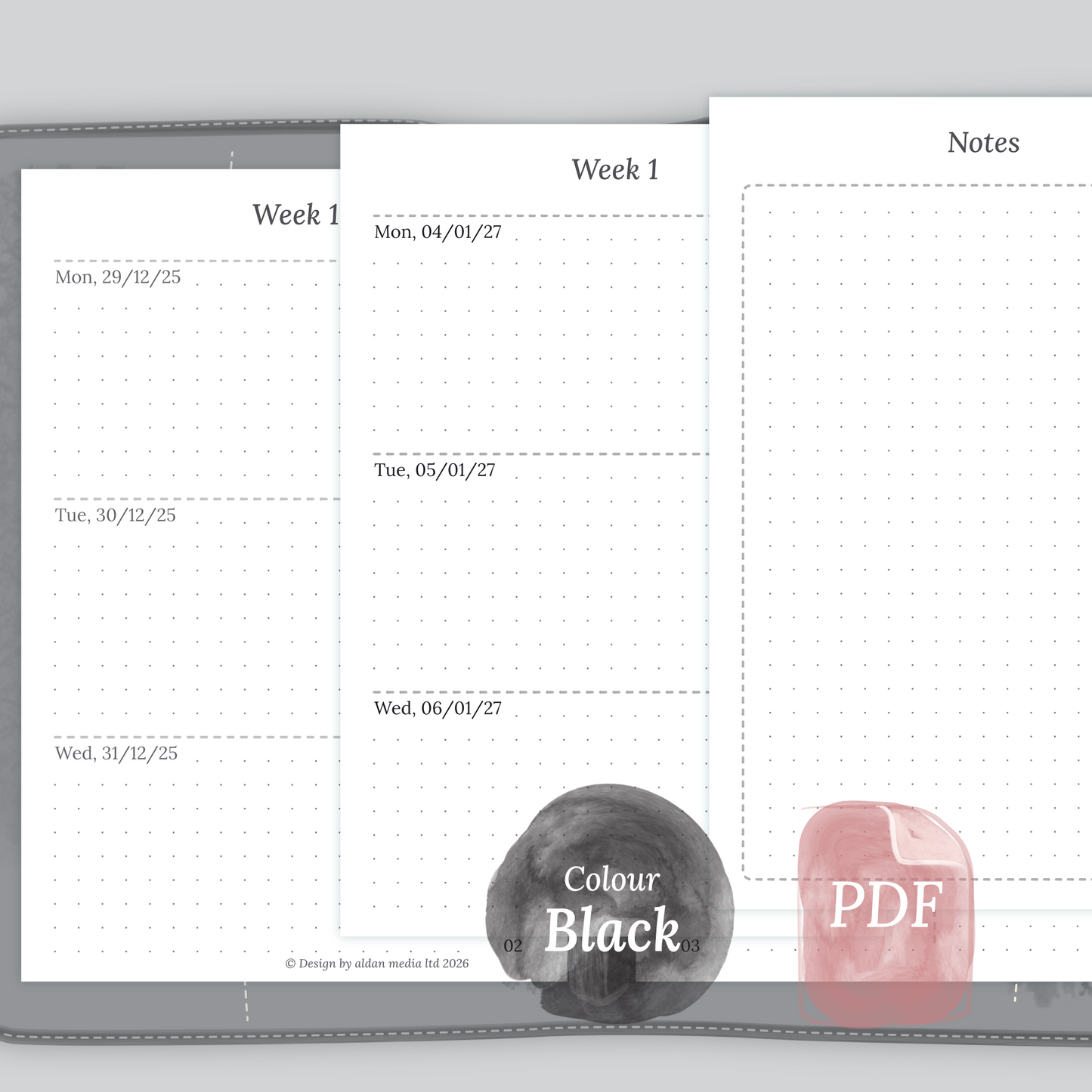 Examples featuring the PDF printable planner inserts module of W2P week on 2 pages for 2026 and 2027 in the colour Black & White for Pocket size 6 ring binder planner.