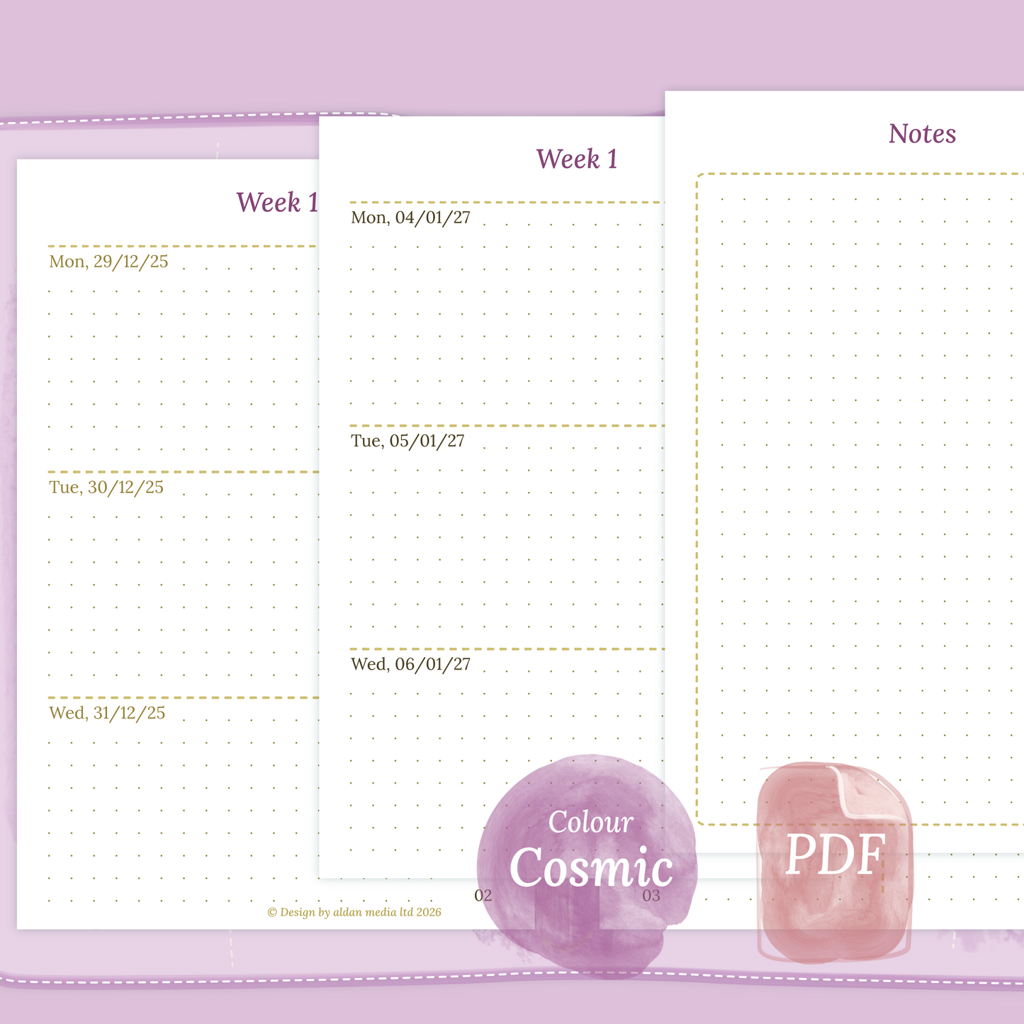 Examples featuring the PDF printable planner inserts module of W2P week on 2 pages for 2026 and 2027 in the colour Cosmic/Raspberry for Pocket size 6 ring binder planner.