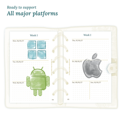 Open planner calendar insert with Windows, Android and Apple logos on a white background to show what operating systems are supported by our PDF printables for Pocket size 6 ring binder planner.