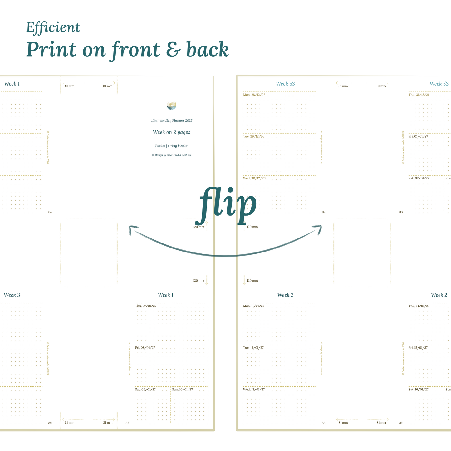 Printable PDF calendar design with a title illustration and text indicating efficient printing on front and back of the A4 page for Pocket size 6 ring binder planner.