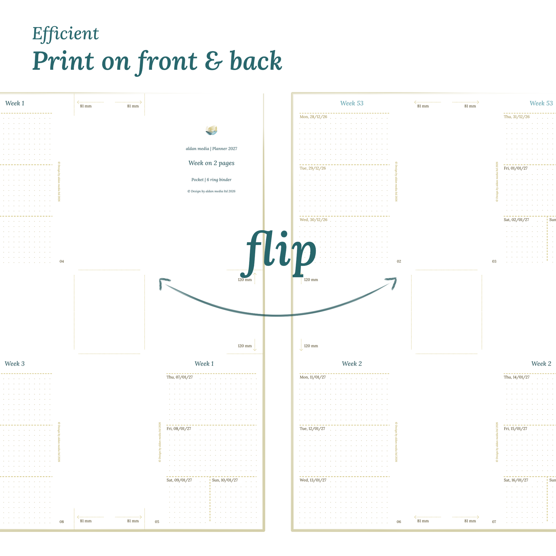 Printable PDF calendar design with a title illustration and text indicating efficient printing on front and back of the A4 page for Pocket size 6 ring binder planner.