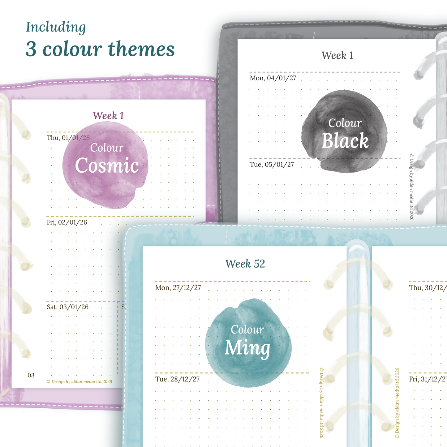 Three colour variants of the calendar designs of the PDF printable inserts with colour themes 'Cosmic/Raspberry', 'Black', and 'Ming/Blue' displayed to show how they look like on this module W2P week on 2 pages for Pocket size 6 ring binder planner.