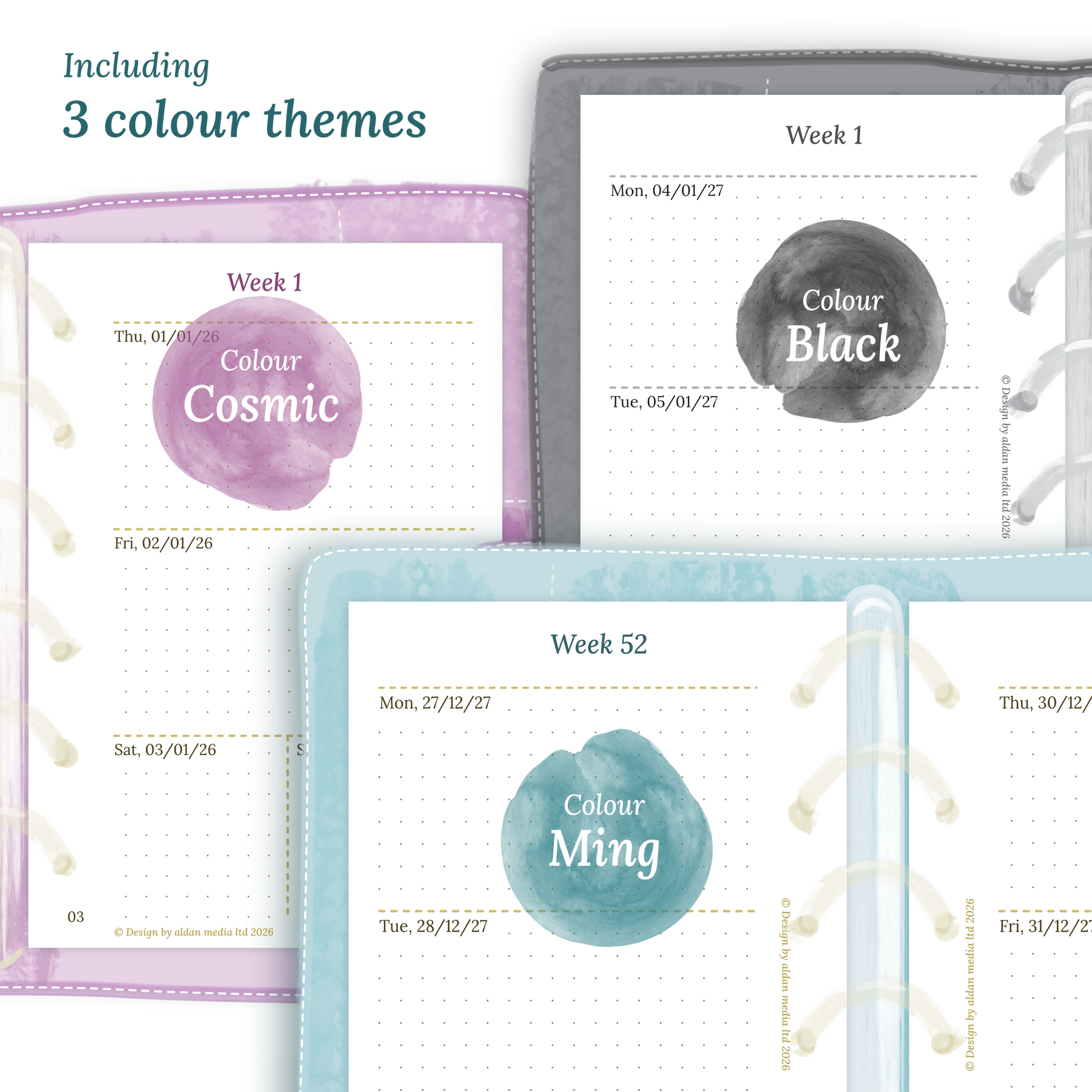 Three colour variants of the calendar designs of the PDF printable inserts with colour themes 'Cosmic/Raspberry', 'Black', and 'Ming/Blue' displayed to show how they look like on this module W2P week on 2 pages for Pocket size 6 ring binder planner.