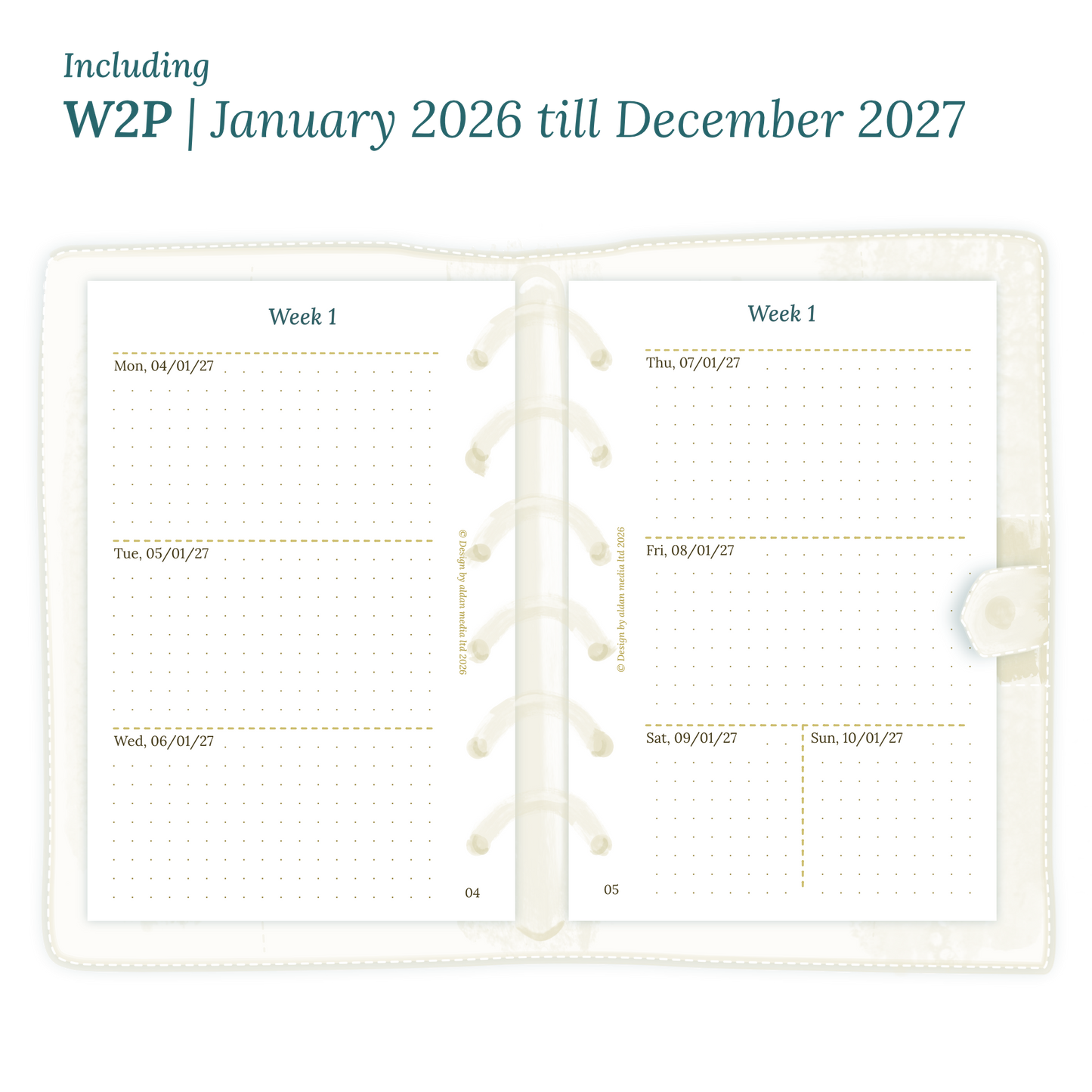Open planner showing details of the PDF printable planner inserts module W2P week on 2 pages for 2026 and 2027 for Pocket size 6 ring binder planner.