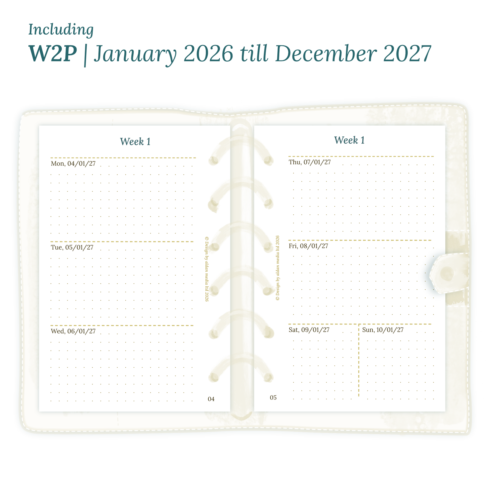 Open planner showing details of the PDF printable planner inserts module W2P week on 2 pages for 2026 and 2027 for Pocket size 6 ring binder planner.