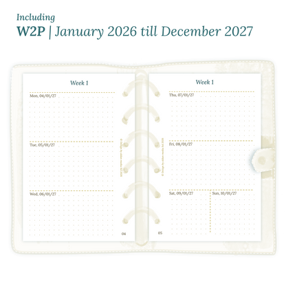 Open planner showing details of the PDF printable planner inserts module W2P week on 2 pages for 2026 and 2027 for Pocket size 6 ring binder planner.