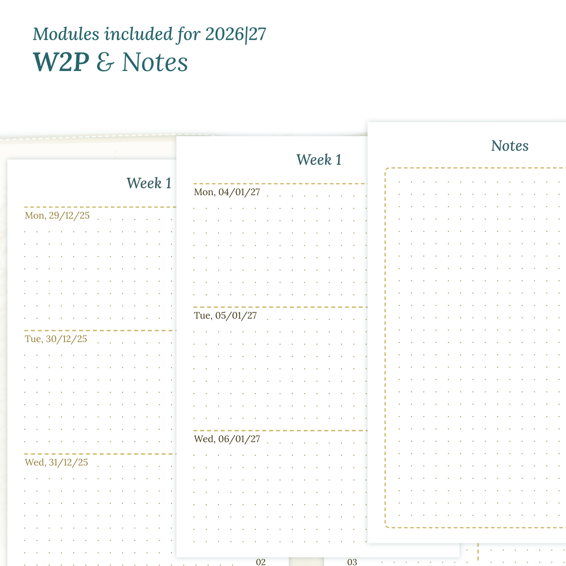 Calendar PDF printable inserts module for the years 2026 and 2027 featuring W2P week on 2 pages and a Notes module magnified.