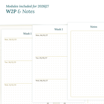 Calendar PDF printable inserts module for the years 2026 and 2027 featuring W2P week on 2 pages and a Notes module magnified.