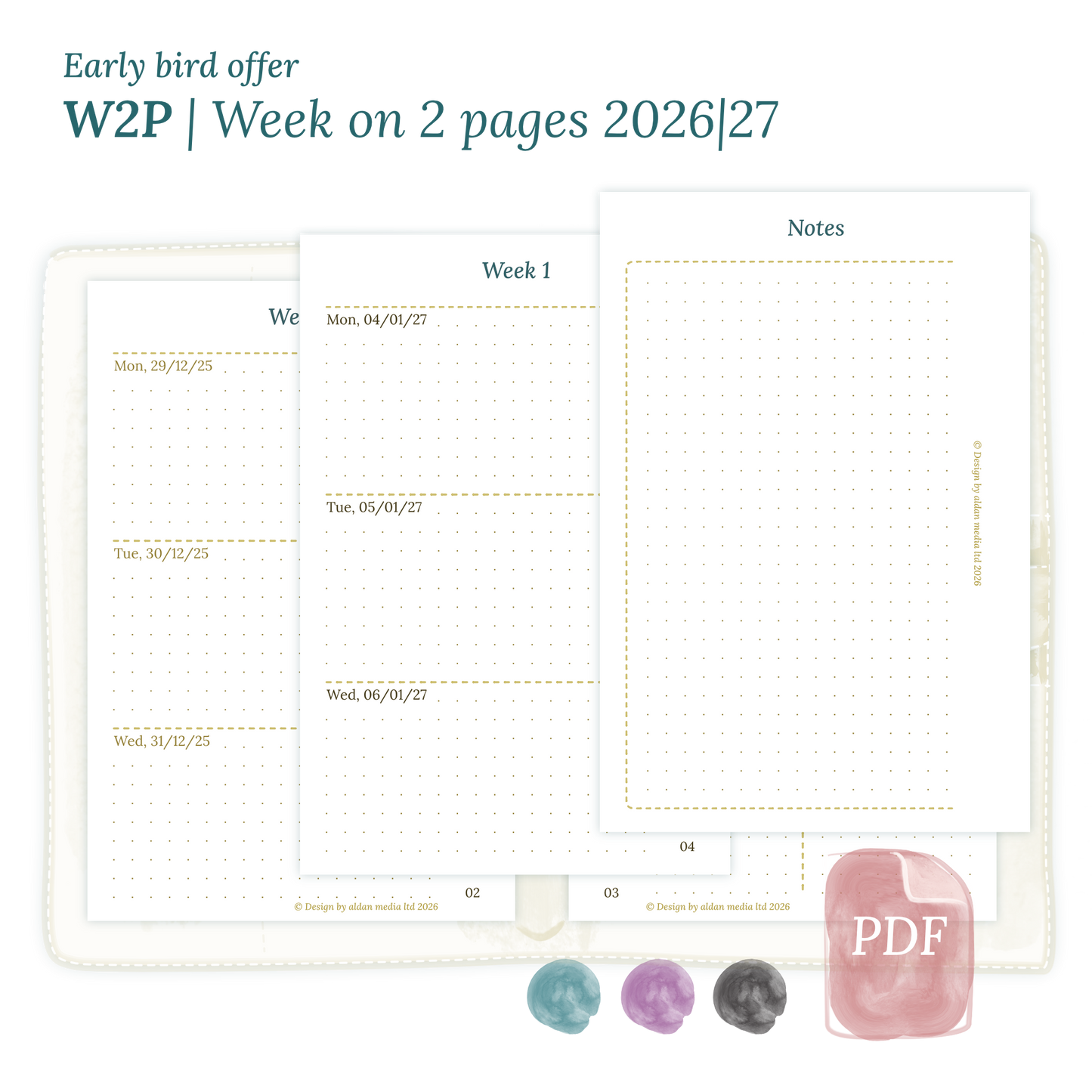 Calendar printable PDF W2P week on 2 pages module for 2026 and 2027 for Pocket size 6 ring binder planner.