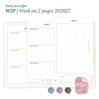 Calendar printable PDF W2P week on 2 pages module for 2026 and 2027 for Pocket size 6 ring binder planner.