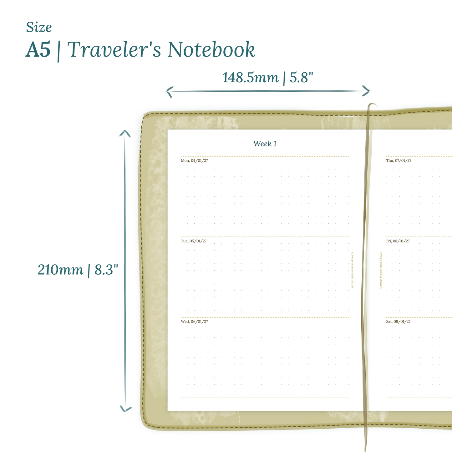 Calendar planner PDF printable insert with dimensions labeled on a white background to show the size supported which is A5 for Traveler's Notebook.
