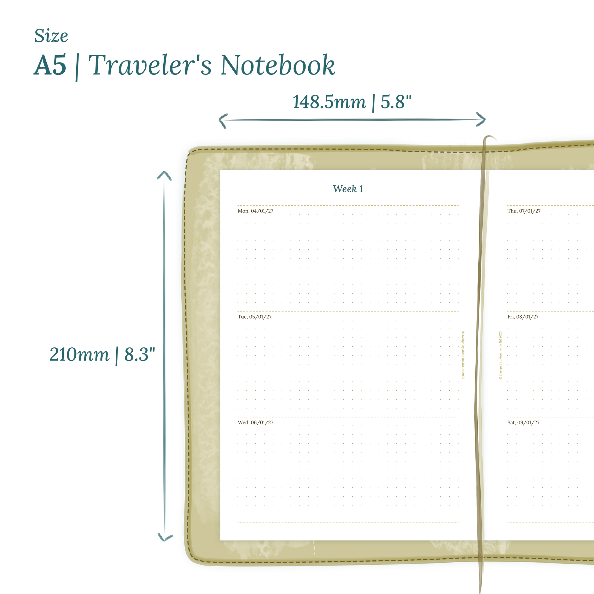 Calendar planner PDF printable insert with dimensions labeled on a white background to show the size supported which is A5 for Traveler's Notebook.