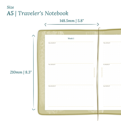 Calendar planner PDF printable insert with dimensions labeled on a white background to show the size supported which is A5 for Traveler's Notebook.