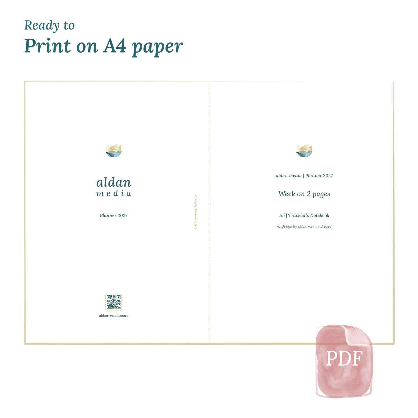 Printable PDF calendar planner with title design on A4 paper that illustrates that our products are ready to print.