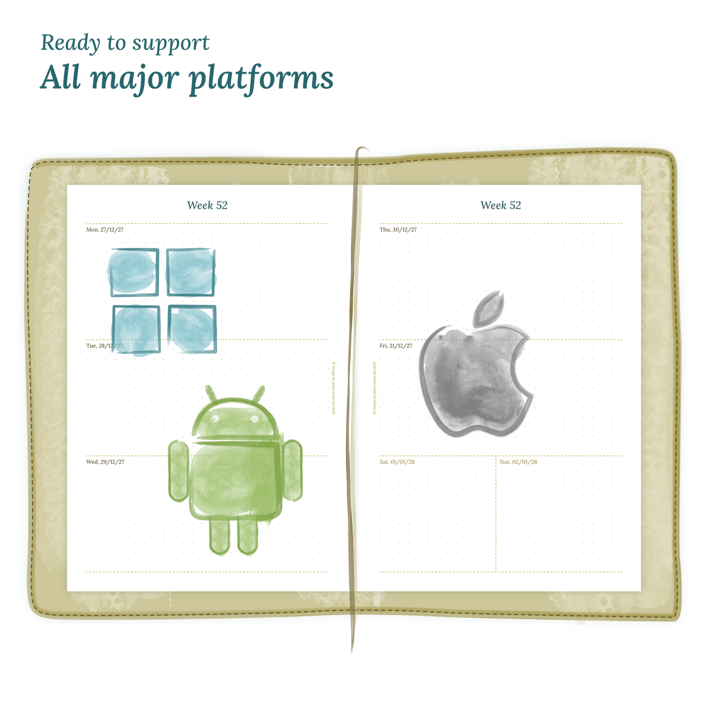 Open planner calendar insert with Windows, Android and Apple logos on a white background to show what operating systems are supported by our PDF printables.