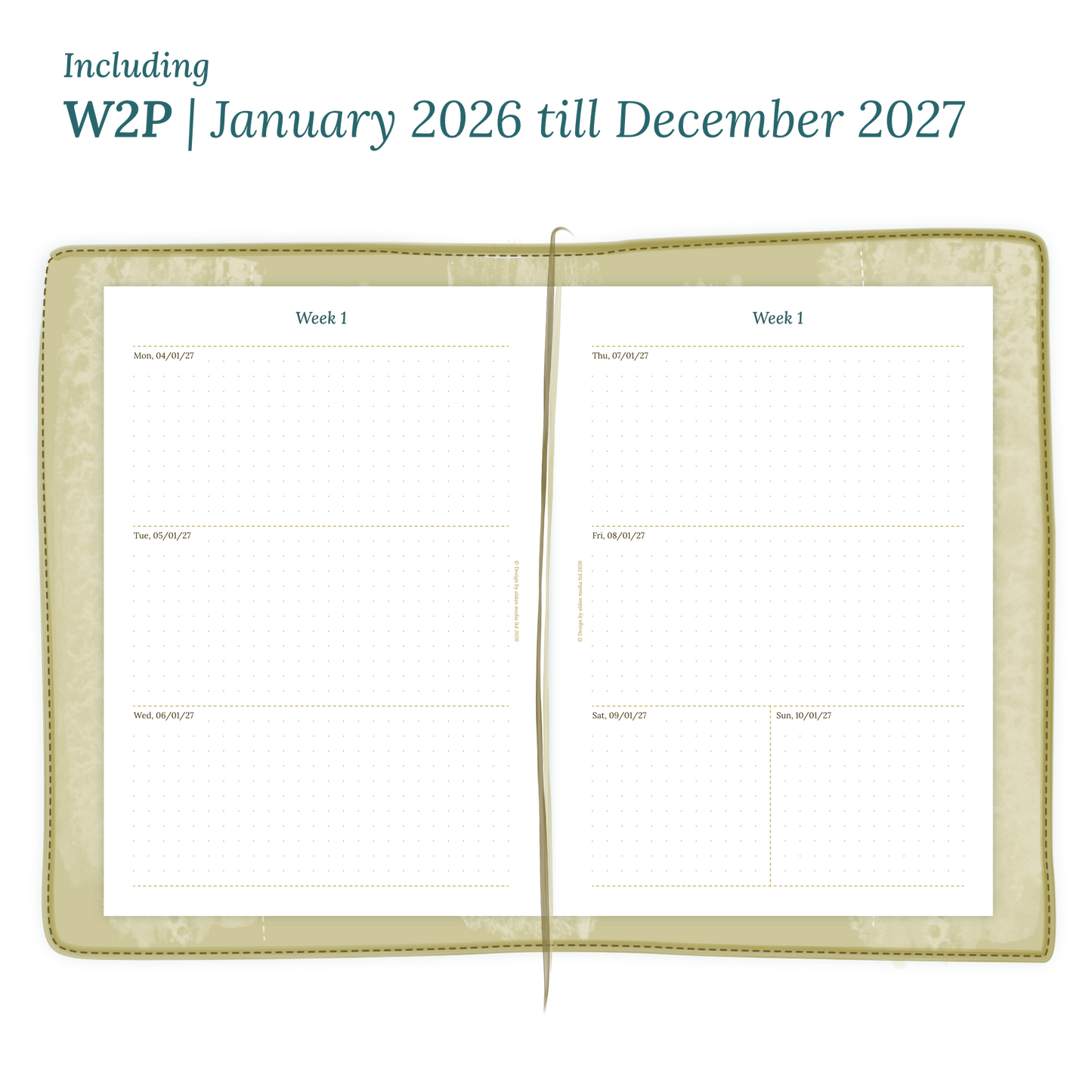 Open planner showing details of the PDF printable planner inserts module W2P week on 2 pages for 2026 and 2027.