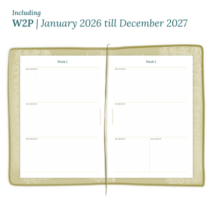 Open planner showing details of the PDF printable planner inserts module W2P week on 2 pages for 2026 and 2027.