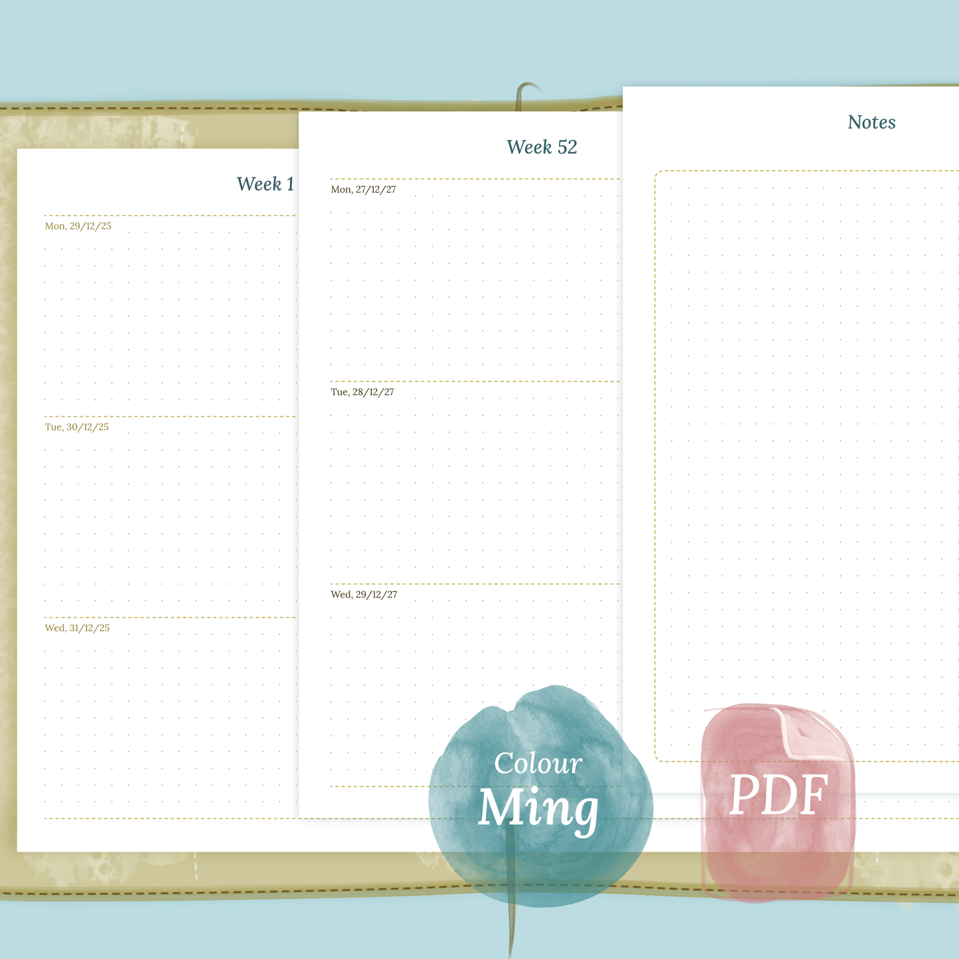 Examples featuring the PDF printable planner inserts module of W2P week on 2 pages for 2026 and 2027 in the colour Ming/Blue.