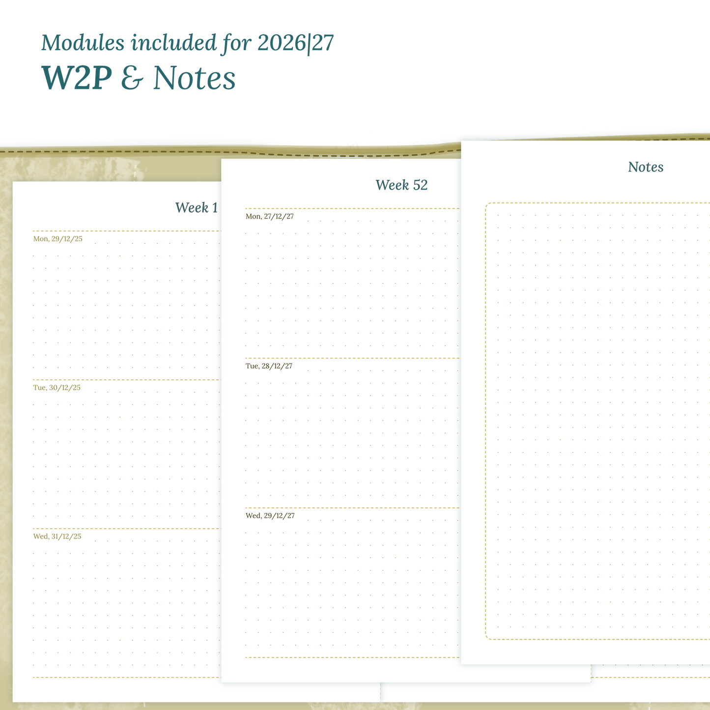 Calendar PDF printable inserts module for the years 2026 and 2027 featuring W2P week on 2 pages and a Notes module.