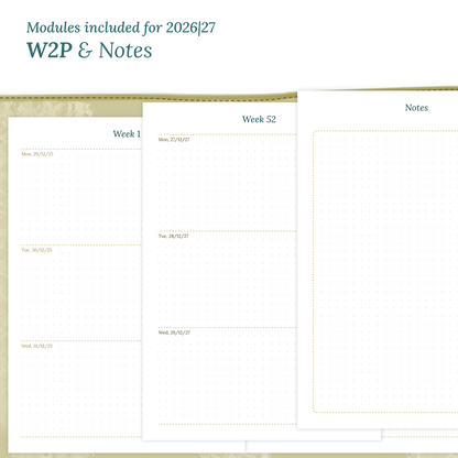 Calendar PDF printable inserts module for the years 2026 and 2027 featuring W2P week on 2 pages and a Notes module.