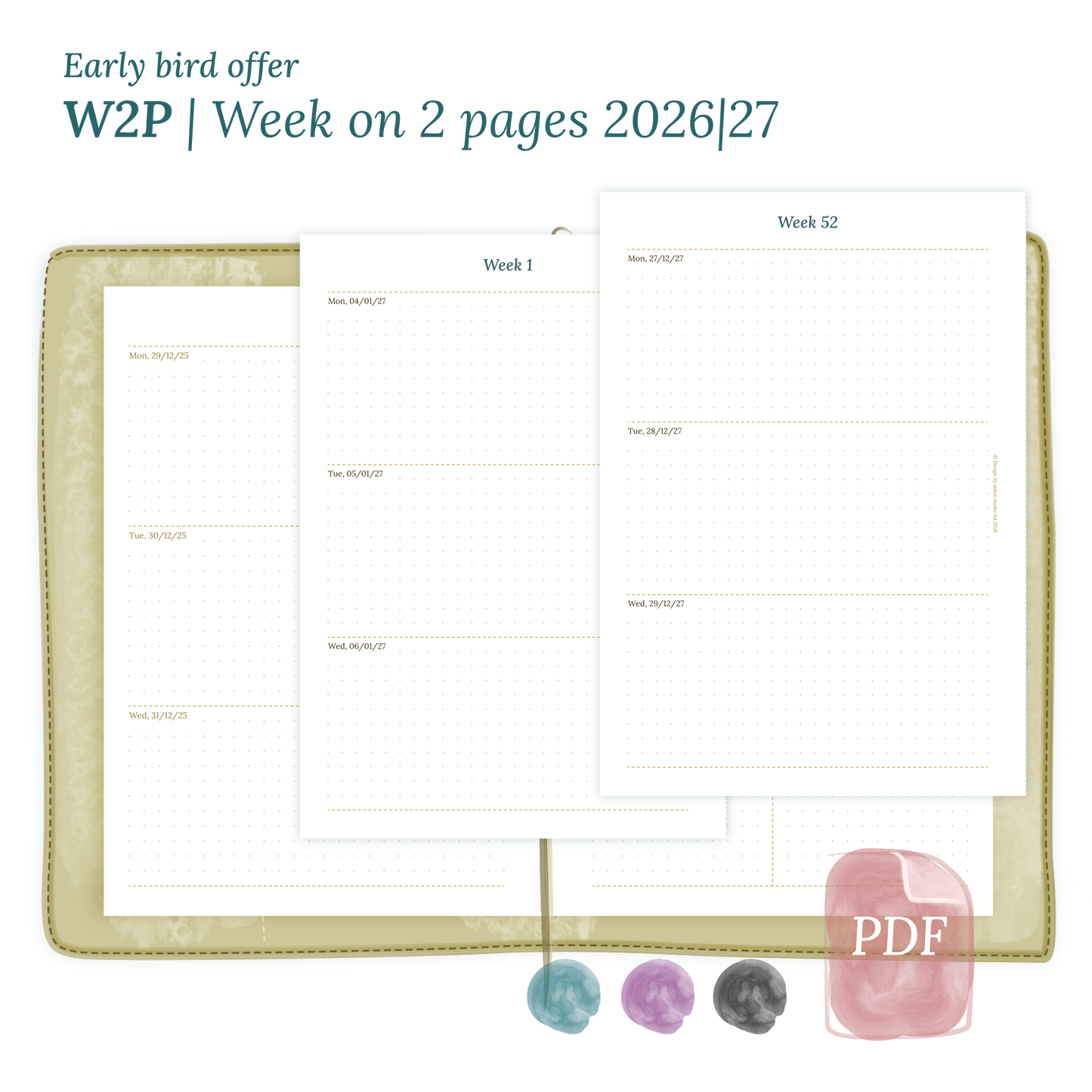 Calendar printable PDF W2P week on 2 pages module for 2026 and 2027 for A5 size Traveler's Notebook planner