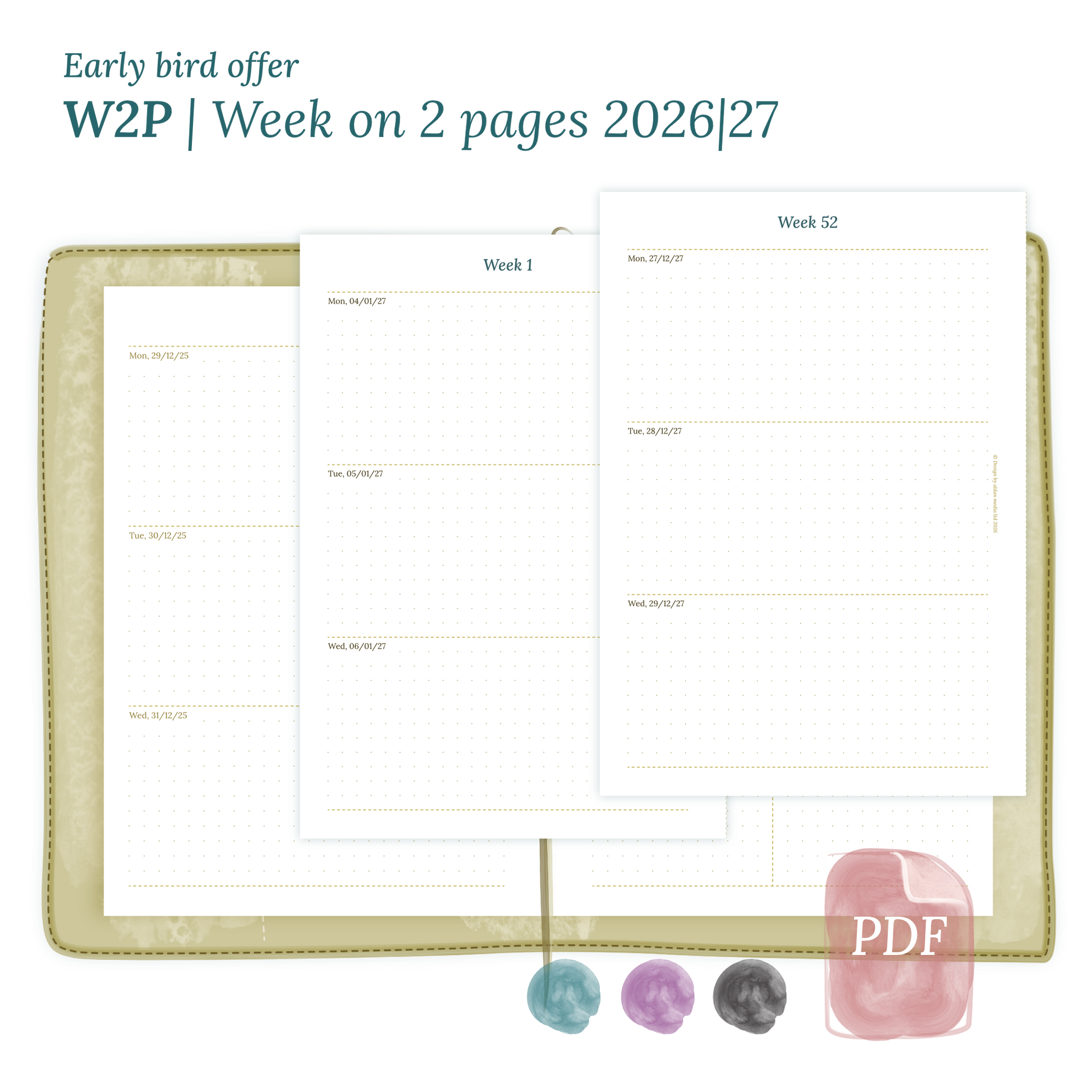 Calendar printable PDF W2P week on 2 pages module for 2026 and 2027 for A5 size Traveler's Notebook planner