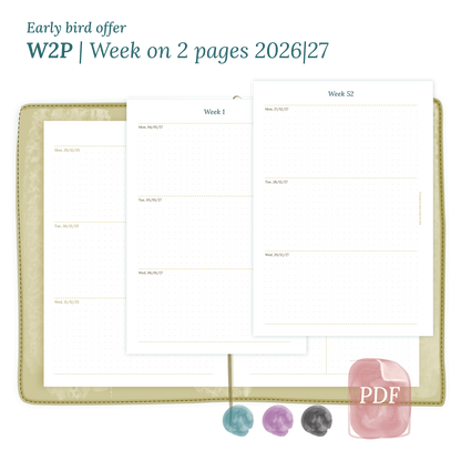 Calendar printable PDF W2P week on 2 pages module for 2026 and 2027 for A5 size Traveler's Notebook planner