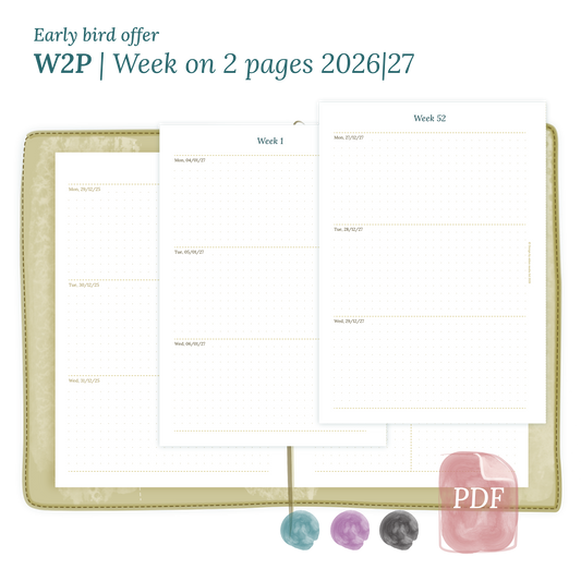 Calendar printable PDF W2P week on 2 pages module for 2026 and 2027 for A5 size Traveler's Notebook planner