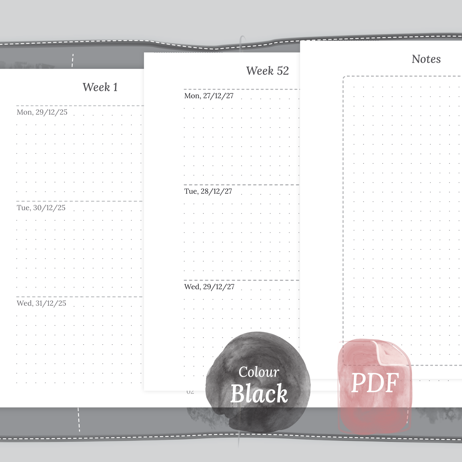 Examples featuring the PDF printable planner inserts module of W2P week on 2 pages for 2026 and 2027 in the colour Black & White for Passport size Traveler's Notebook planner.