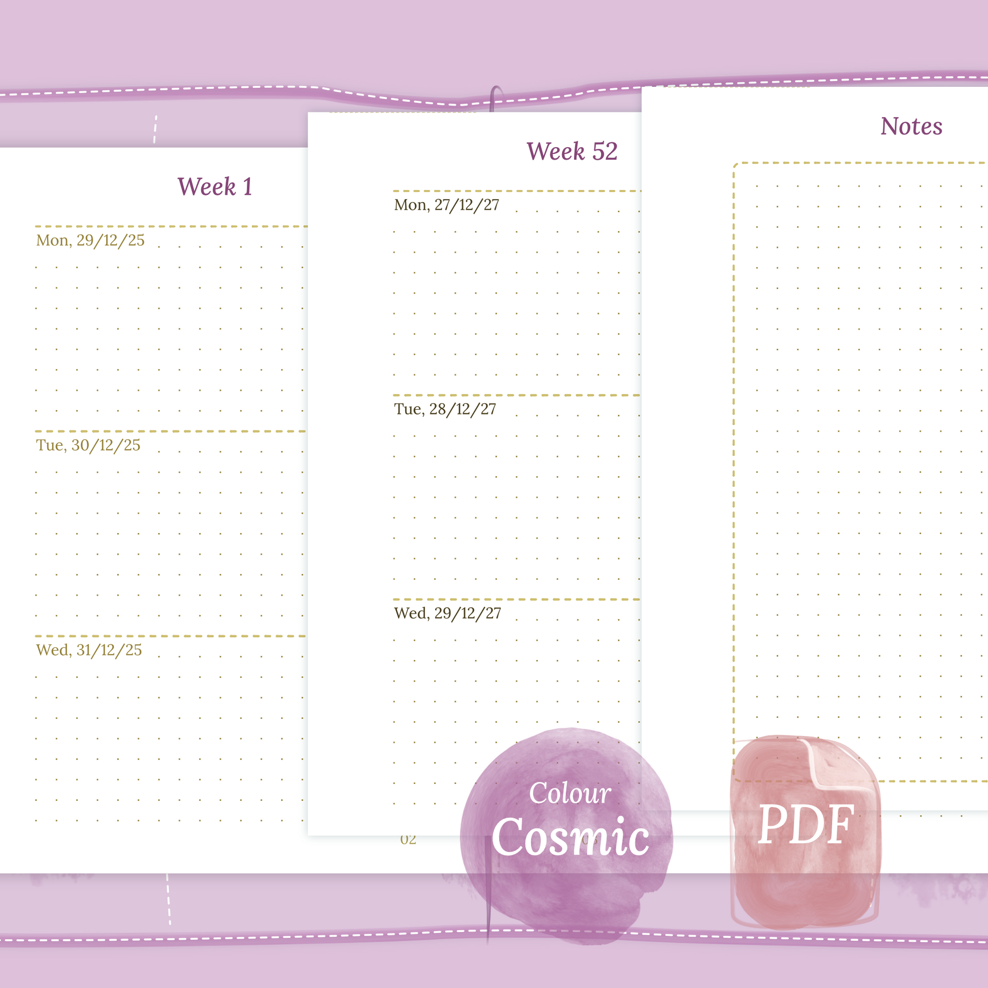 Examples featuring the PDF printable planner inserts module of W2P week on 2 pages for 2026 and 2027 in the colour Cosmic/Raspberry for Passport size Traveler's Notebook planner.