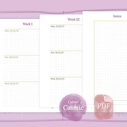 Examples featuring the PDF printable planner inserts module of W2P week on 2 pages for 2026 and 2027 in the colour Cosmic/Raspberry for Passport size Traveler's Notebook planner.