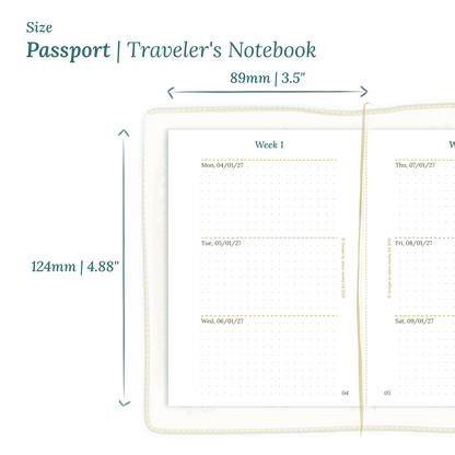 Calendar planner PDF printable insert with dimensions labeled on a white background to show the size supported which is Passport size for Traveler's Notebook.