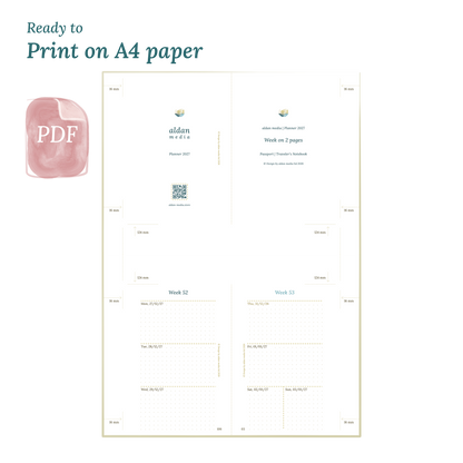 Printable PDF calendar planner with title design on A4 paper that illustrates that our products are ready to print for Passport size Traveler's Notebook planner.