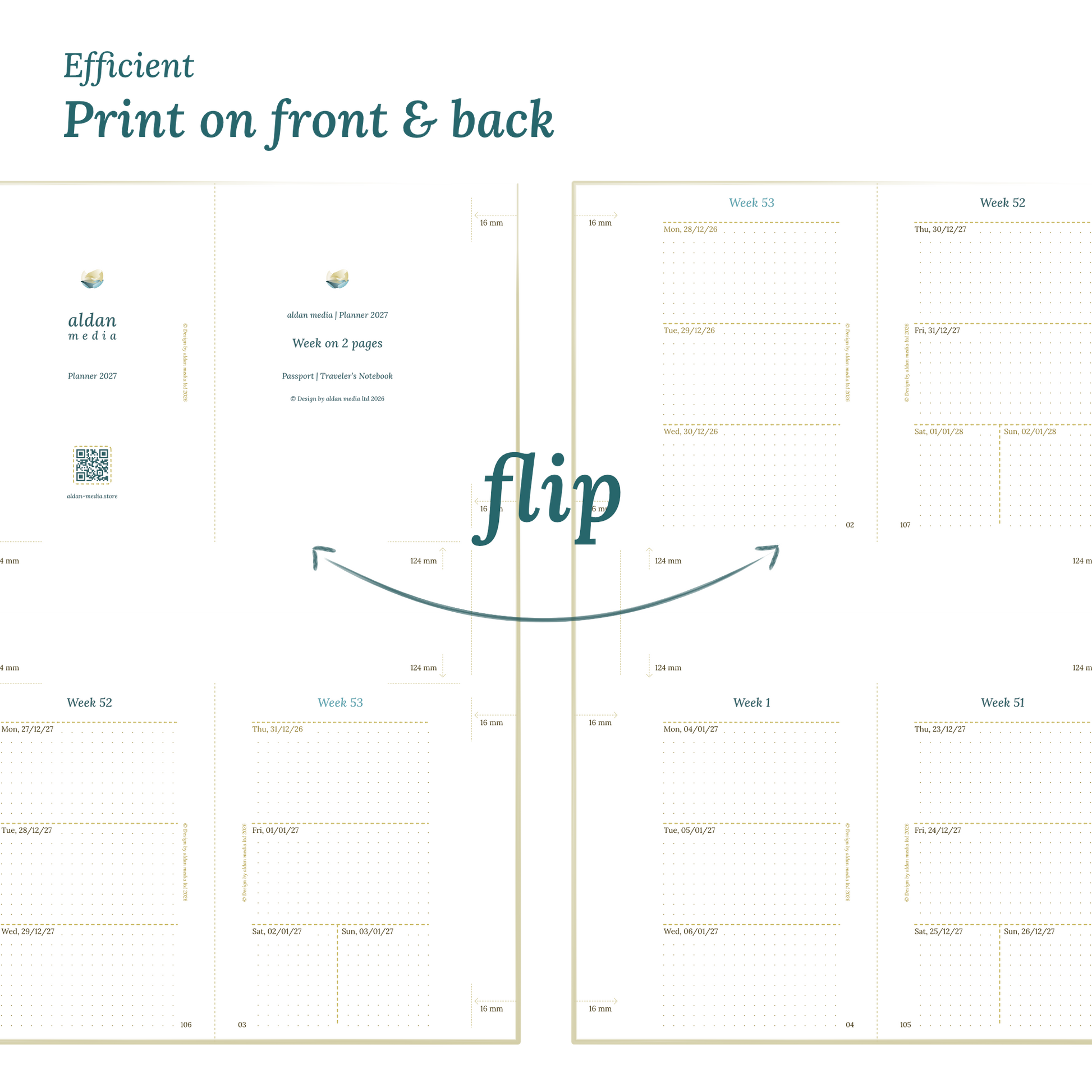 Printable PDF calendar design with a title illustration and text indicating efficient printing on front and back of the A4 page for Passport size Traveler's Notebook planner.