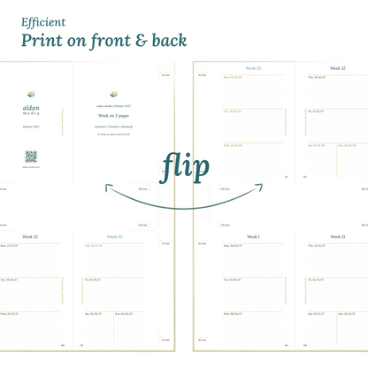 Printable PDF calendar design with a title illustration and text indicating efficient printing on front and back of the A4 page for Passport size Traveler's Notebook planner.