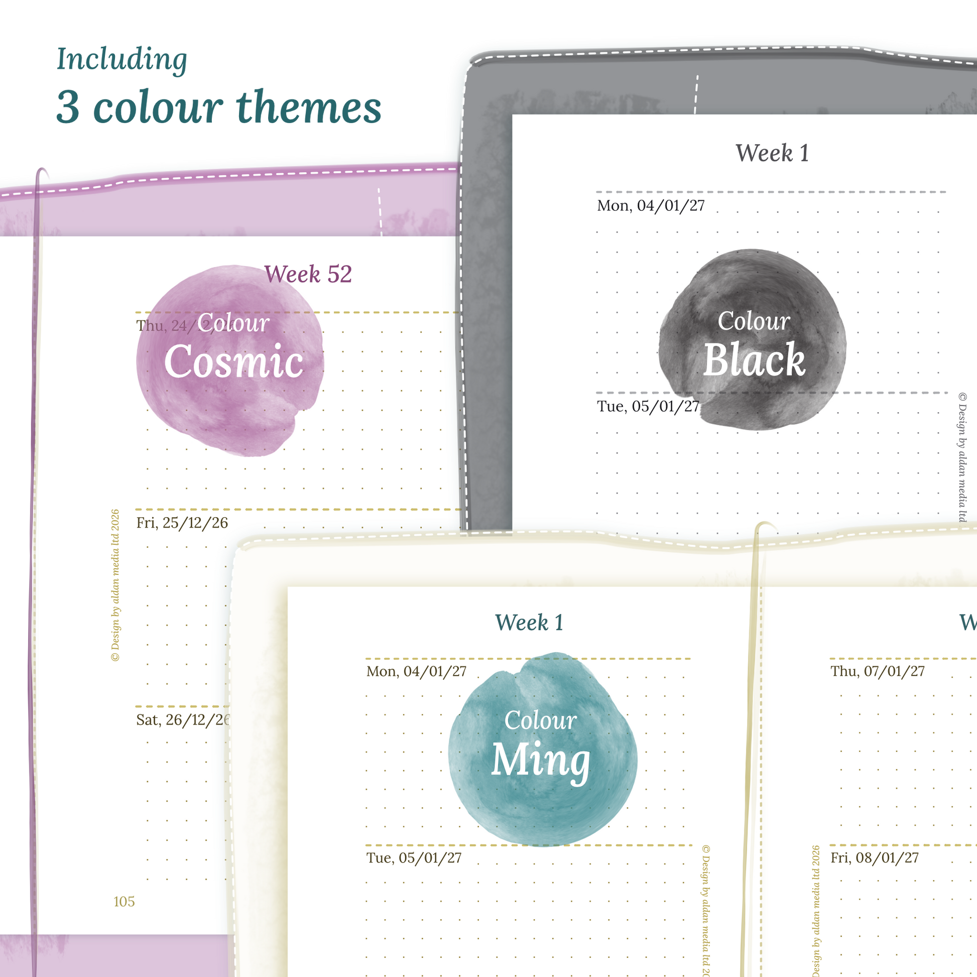 Three colour variants of the calendar designs of the PDF printable inserts with colour themes 'Cosmic/Raspberry', 'Black', and 'Ming/Blue' displayed to show how they look like on this module W2P week on 2 pages for Passport size Traveler's Notebook planner.
