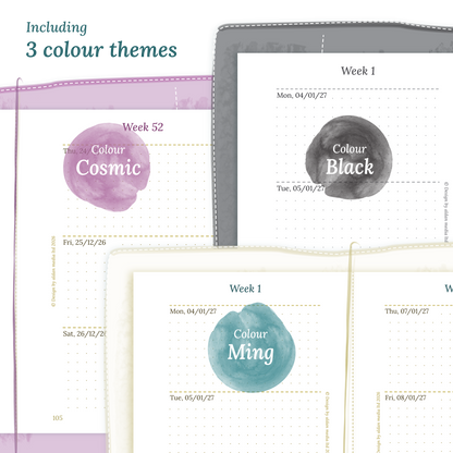 Three colour variants of the calendar designs of the PDF printable inserts with colour themes 'Cosmic/Raspberry', 'Black', and 'Ming/Blue' displayed to show how they look like on this module W2P week on 2 pages for Passport size Traveler's Notebook planner.