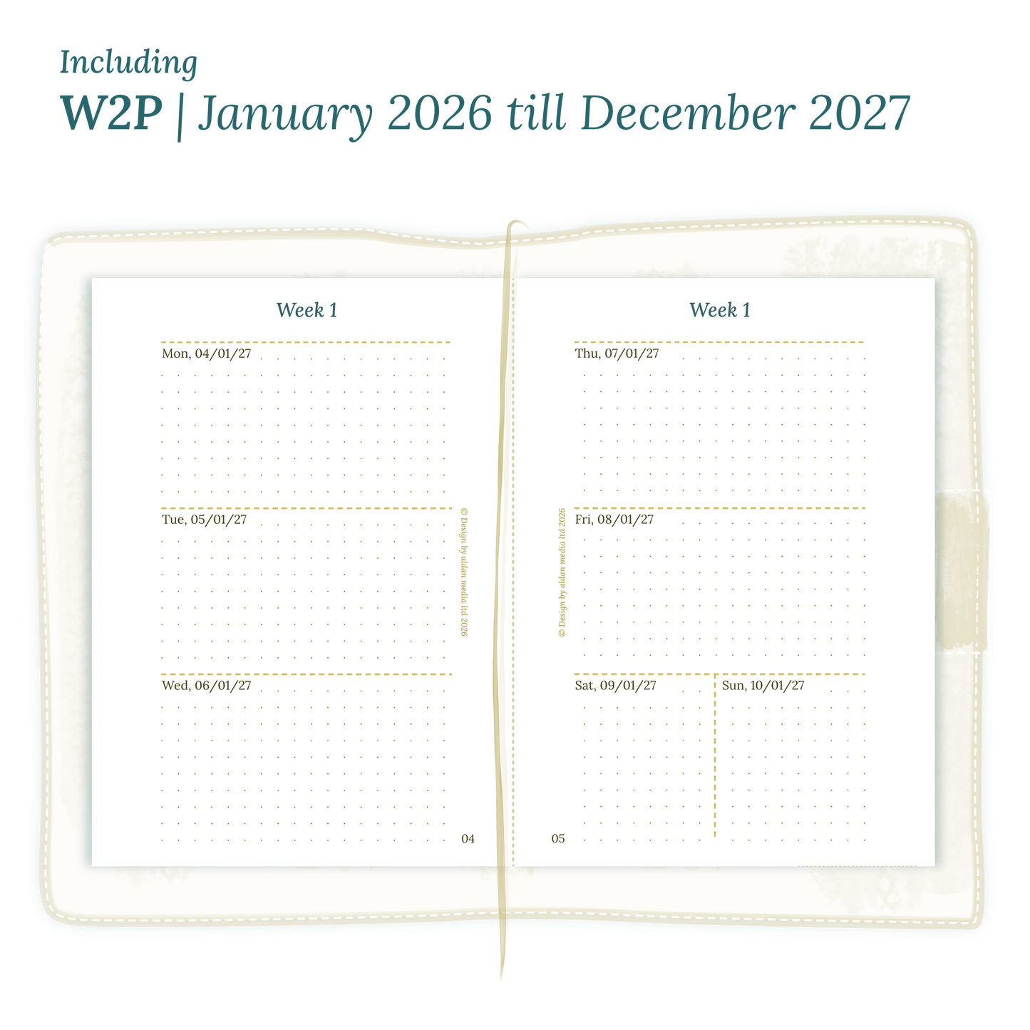 Open planner showing details of the PDF printable planner inserts module W2P week on 2 pages for 2026 and 2027 for Passport size Traveler's Notebook planner.
