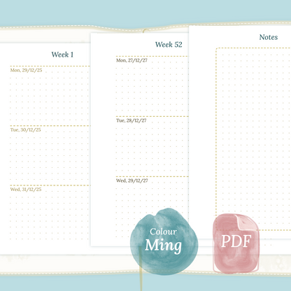 Examples featuring the PDF printable planner inserts module of W2P week on 2 pages for 2026 and 2027 in the colour Ming/Blue for Passport size Traveler's Notebook planner.