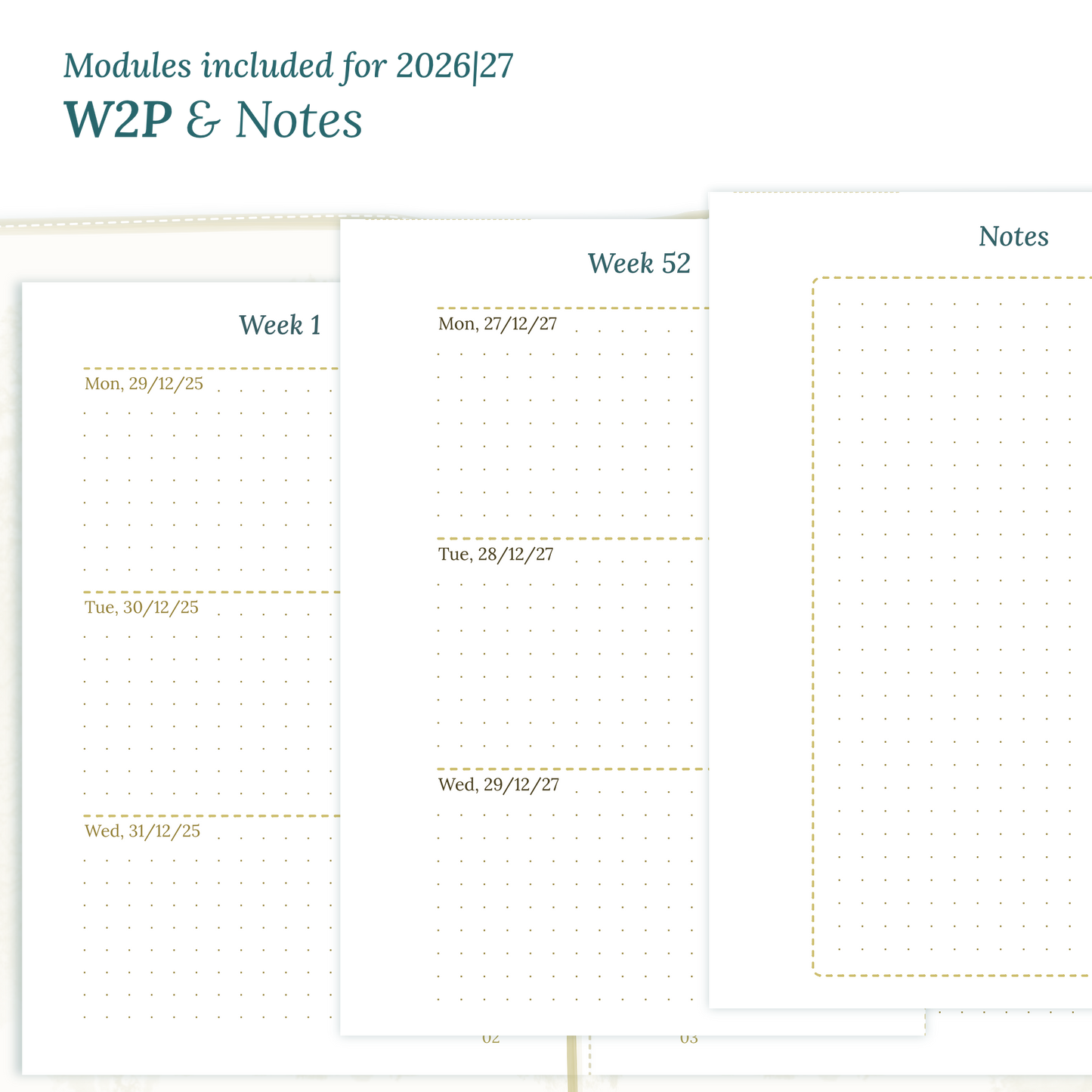 Calendar PDF printable inserts module for the years 2026 and 2027 featuring W2P week on 2 pages and a Notes module magnified.