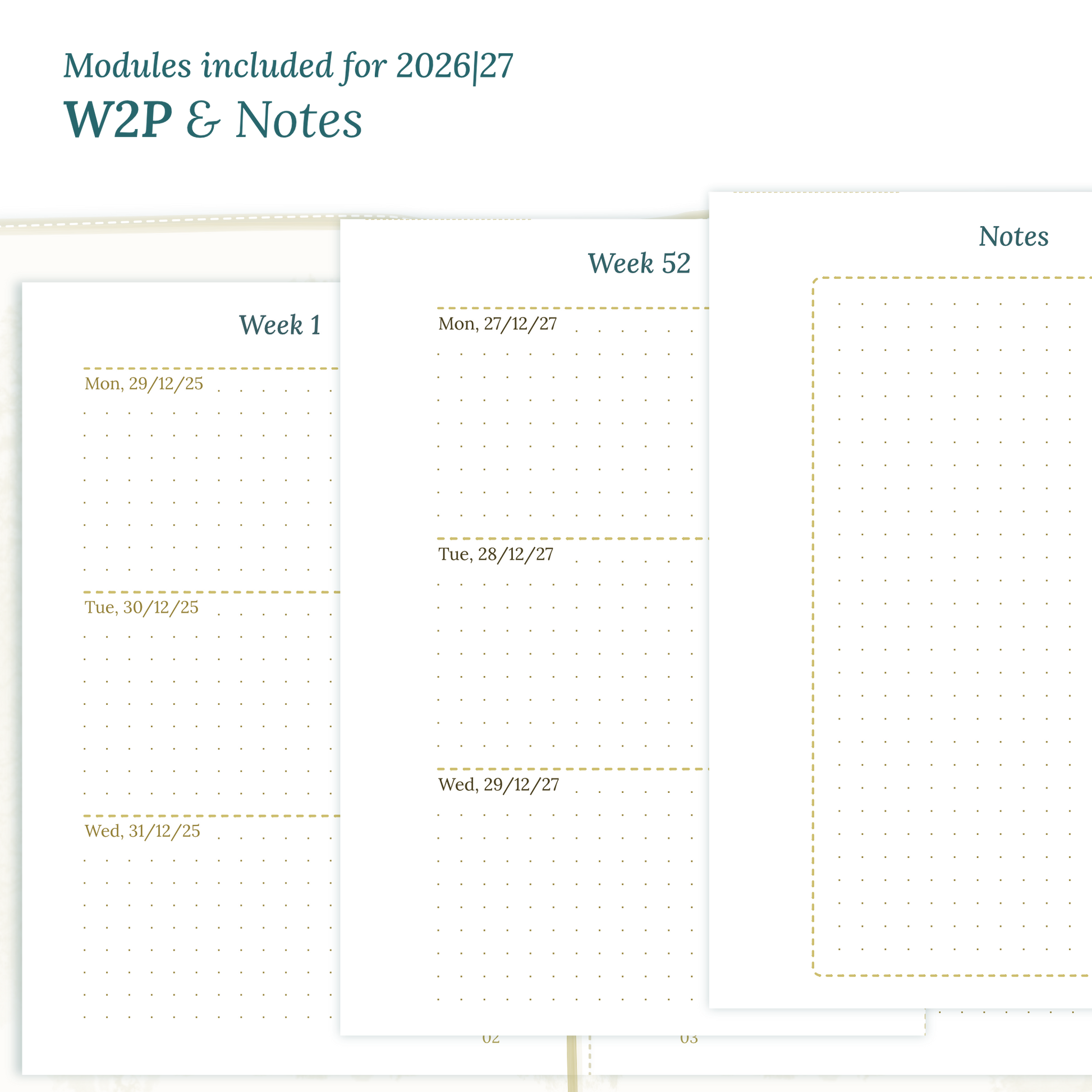 Calendar PDF printable inserts module for the years 2026 and 2027 featuring W2P week on 2 pages and a Notes module magnified.