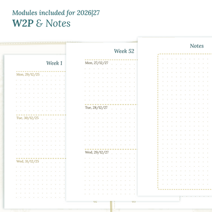 Calendar PDF printable inserts module for the years 2026 and 2027 featuring W2P week on 2 pages and a Notes module magnified.