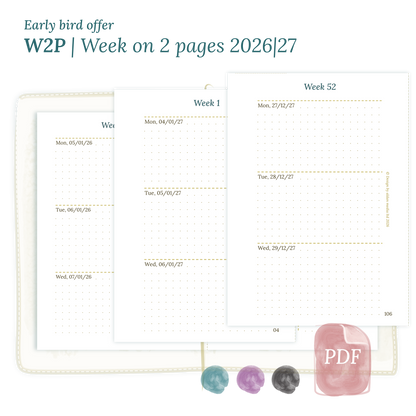 Calendar printable PDF W2P week on 2 pages module for 2026 and 2027 for Passport size Traveler's Notebook planner.