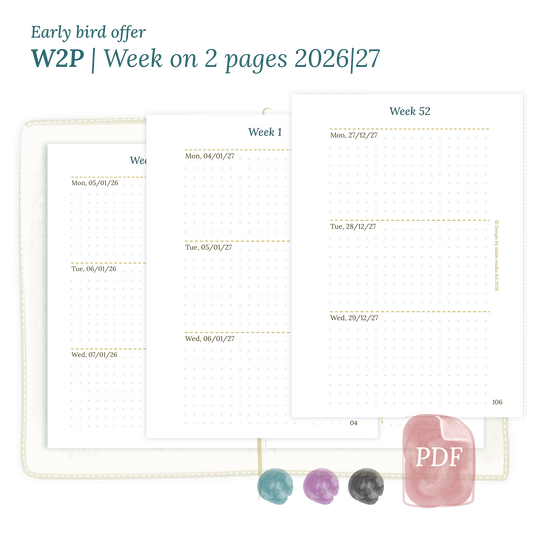 Calendar printable PDF W2P week on 2 pages module for 2026 and 2027 for Passport size Traveler's Notebook planner.