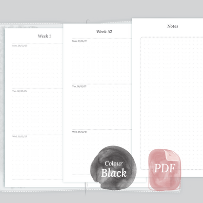 Examples featuring the PDF printable planner inserts module of W2P week on 2 pages for 2026 and 2027 in the colour Black & White for Standard size Traveler's Notebook planner.