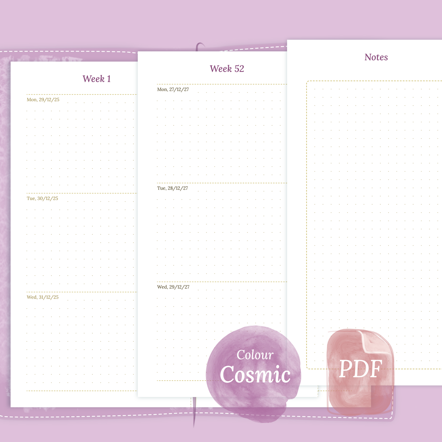Examples featuring the PDF printable planner inserts module of W2P week on 2 pages for 2026 and 2027 in the colour Cosmic/Raspberry for Standard size Traveler's Notebook planner.