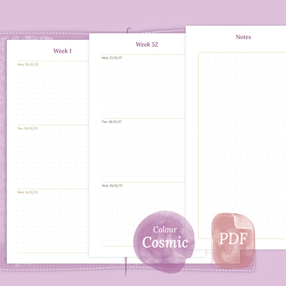 Examples featuring the PDF printable planner inserts module of W2P week on 2 pages for 2026 and 2027 in the colour Cosmic/Raspberry for Standard size Traveler's Notebook planner.